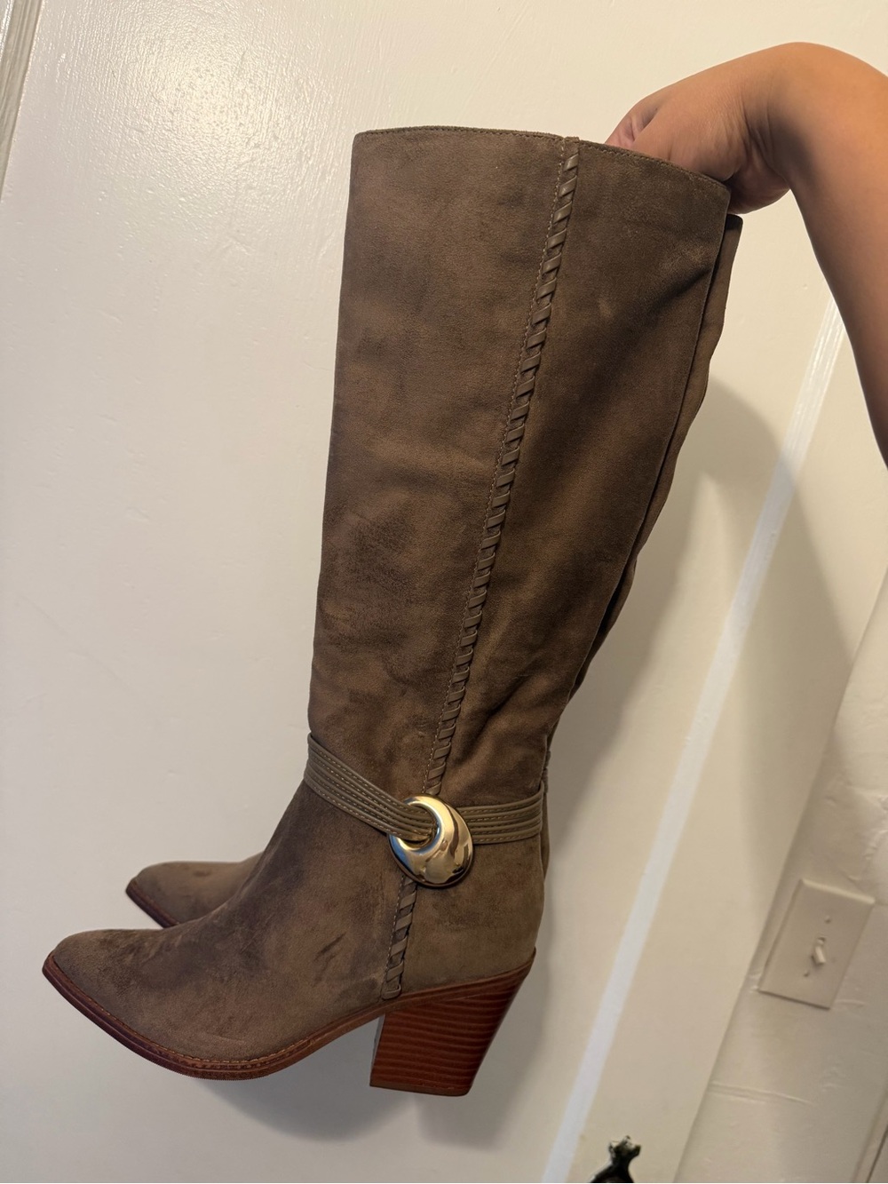 Brown Mid-Calf Suede Block Heel Boots
